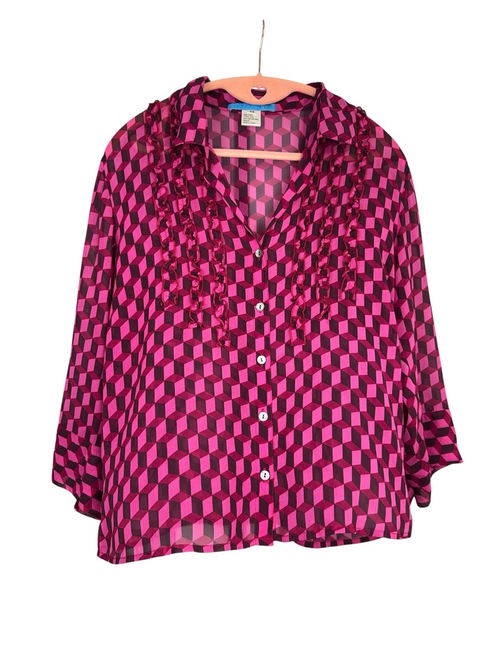 Johnny Was Pink Geometric Ruffle Button-Front Blouse - Picture 1 of 8